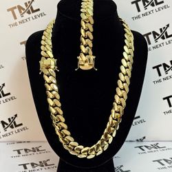 Bracelet & Chain Set Miami Cuban Link 18k Heavy Gold Plated Chain 