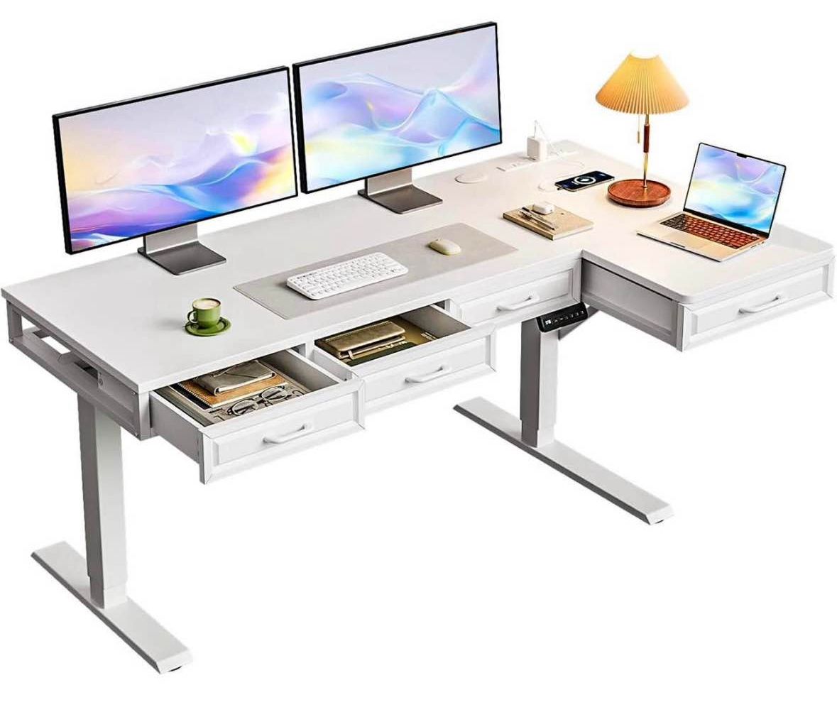 55 Inch L-Shaped Electric Standing Desk with Wooden Drawers & Power Outlets White Corner Workstation