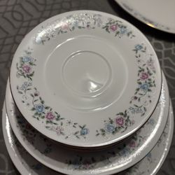 Complete Set for 8 with Blue and Pink Floral Pattern with gold trim-Made in China