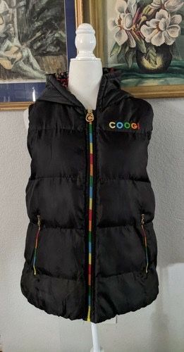 Coogi Womens Puffer Vest Sz Large L Black Rainbow Spellout Full Zip Pockets-Black-L