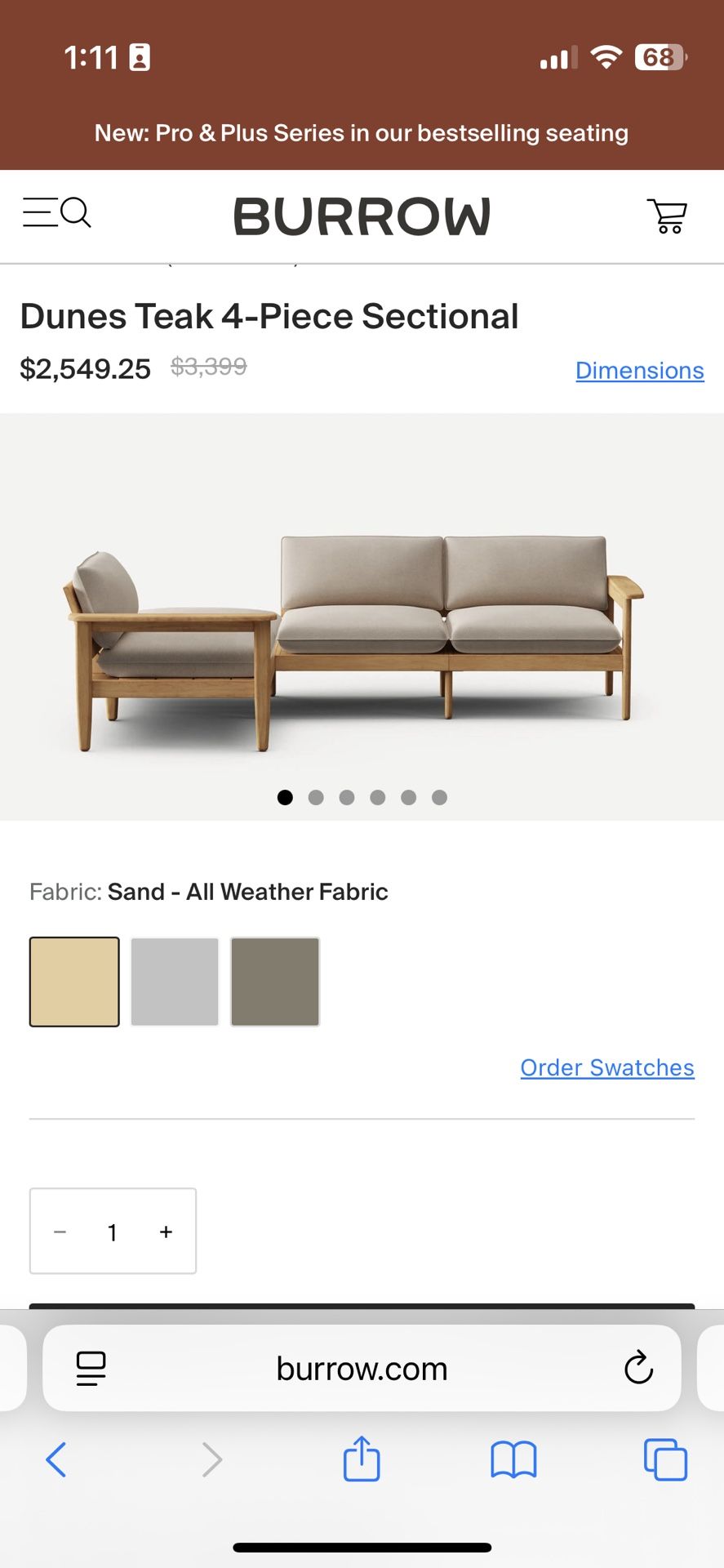 Brand New Burrow Dunes Teak 4 Piece Sectional