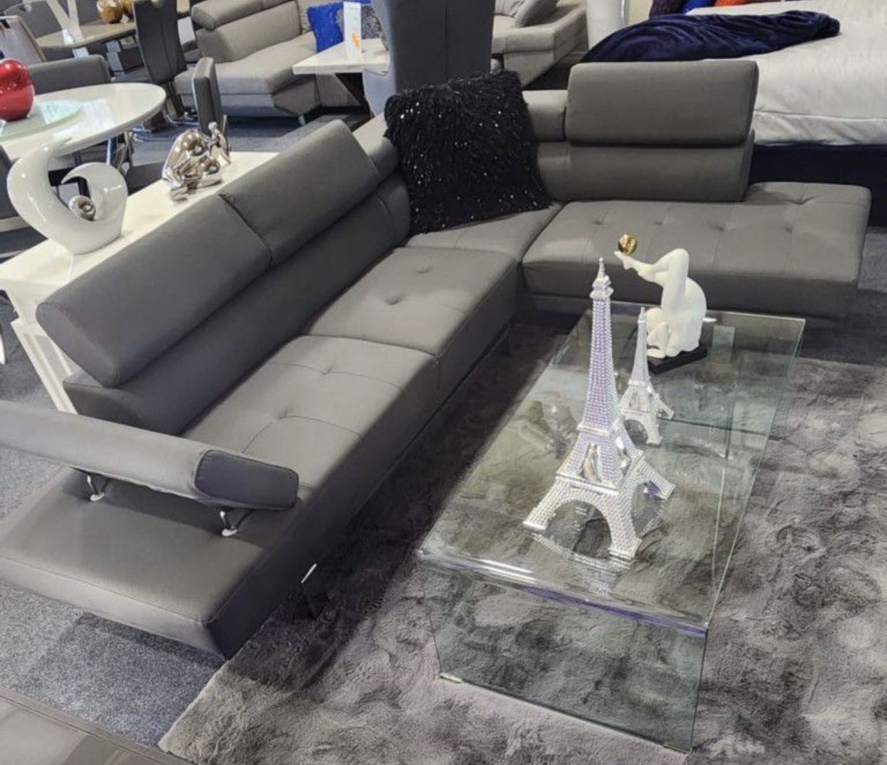 Grey Faux Leather Sofa Sectional With Adjustable Headrest 🔥but Now Pay Later 