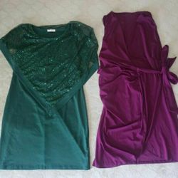 Two Beautiful Women's Dresses, Size 3X! Green Sequins Cape Dress & Purple Sleeveless Wrap Around Dress! Price For Both!