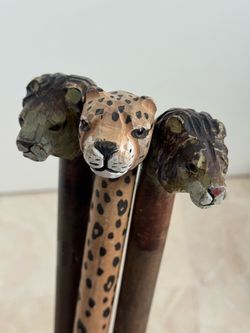 Hand-Carved African Big Cat Walking Sticks & Seagrass Basket; Set of 3 Canes + Basket