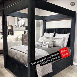 Black Velvet Canopy Bed Frame with Mattress