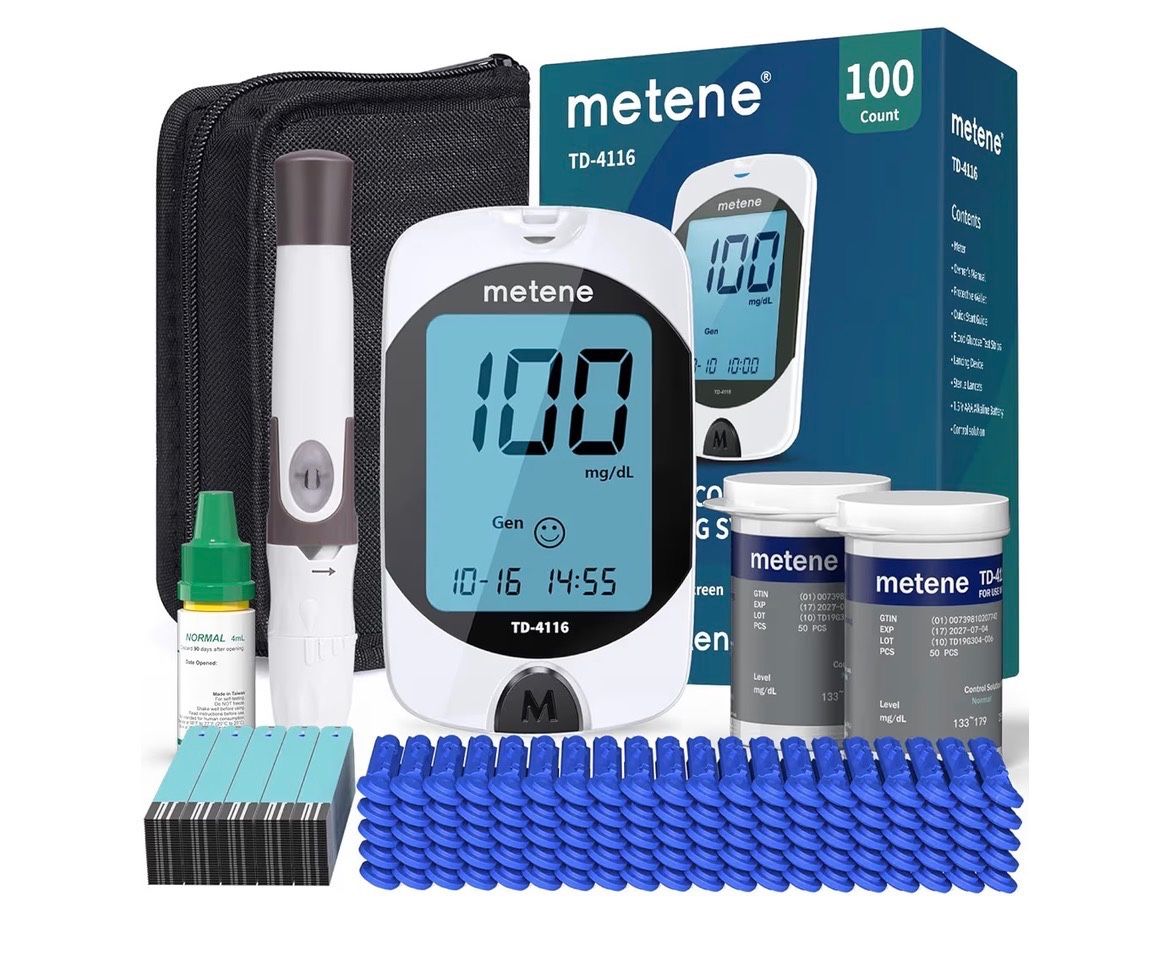 NEW Metene TD-4116 Blood Glucose Monitor Kit, 100 Glucometer Strips, 100 Lancets, 1 Blood Sugar Monitor, Blood Sugar Test Kit with Control Solution, L