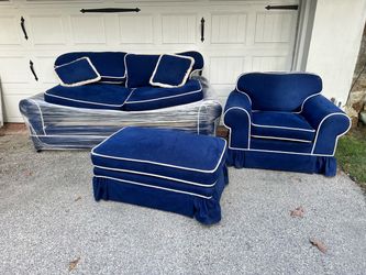 Blue Suede Sofa, Chair, and Ottoman Set