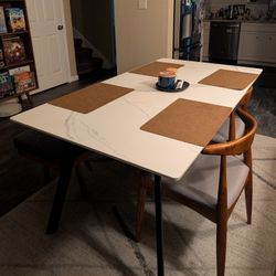 Modern Kitchen Dining Slate Table for 6 Seat, Rectangular Dining White Sintered Stone Table 55.1 Inch