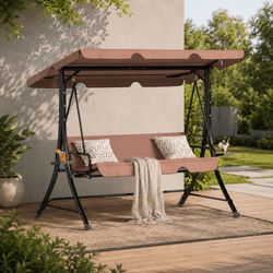 3-Seat Outdoor Porch Swing, Reclining Lounge Bed Convertible, Adjustable Canopy & Removable Cushions