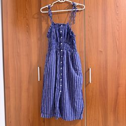 Navy Blue Striped Button-Front Sundress with Tie Straps