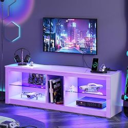 Bestier LED TV Stand for 55/60/65 Inch TV, White High Gloss Entertainment Center with Power Outlet