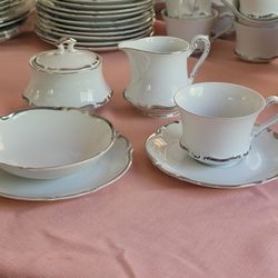 80-Piece Seyei Fine China Set – Japan "Majesty" 4976 | White with Silver Trim – Elegant Vintage Dinnerware
