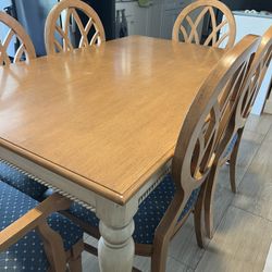 Hard Wood Table Set with Blue Accent Seats 
