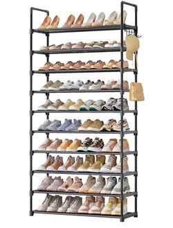 10 Tier Shoe Rack, Tall Shoe Organizer, 32.2" Wide, Black Large-Capacity Shoe Storage with Hooks, Shoe Shelf for Closet, Entryway, Bedroom,