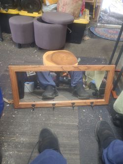 Wood Framed Wall Mirror with Coat Hooks