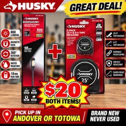 Husky 800-Lumen Rechargeable Tripod Light + 25ā & 6ā Tape Measure Set ā NEW ā $20