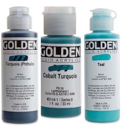 3x Golden fluid acrylic paints in teal and turquoise blue colors, 4oz & 1 oz NEW