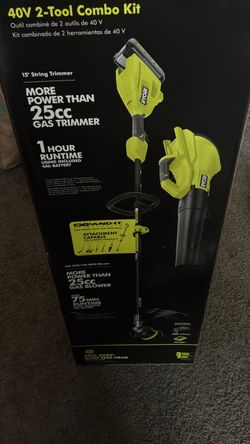 RYOBI 40V 2-tool kit with the 15” trimmer, 550 CFM blower, 4Ah battery, and charger