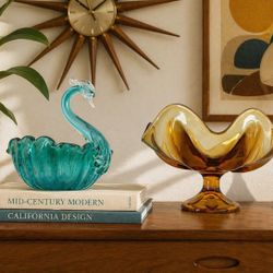 Vintage Art Glass Swan Heavy Bowl & Amber Pedestal Compote Mid Century Modern Viking Compote Stretched Collectible Murano MCM Vase Centerpiece 