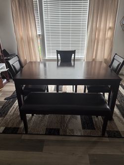 Dark Wood Dining Table Set with Bench and Chairs