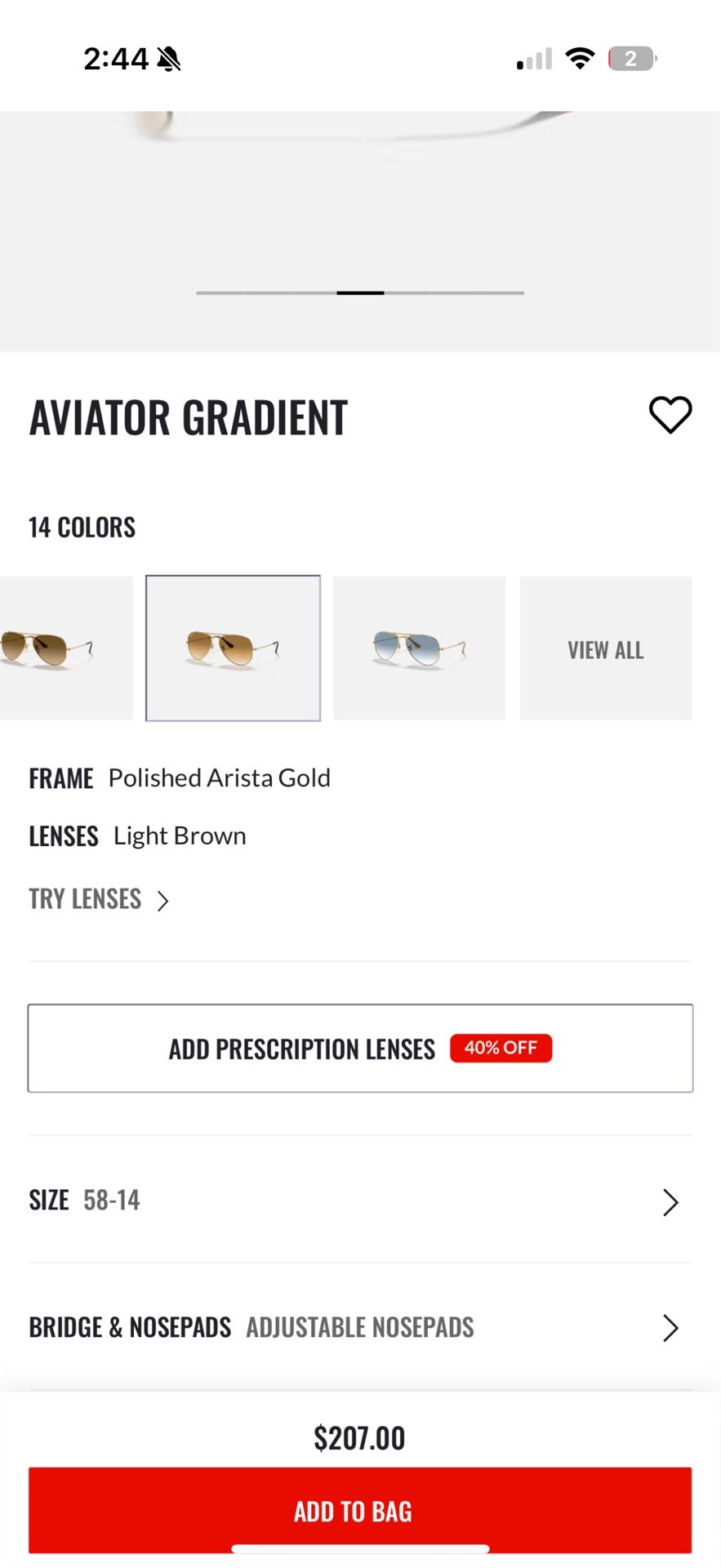 Ray-Ban Gradient Aviator   FRAME Polished Arista Gold LENSES Brown Gradiant    SIZE 58-14