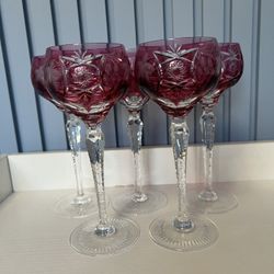 Bohemian Cranberry Cut to Clear Crystal Wine Goblet 8” – Hand Cut Star Pattern