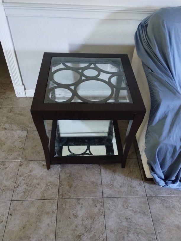 Glass Wood End Table With Mirror Bottom