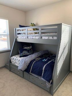 Gray Wood Twin Over Full Bunk Bed with Drawers and Saftey Stairs - NO Credit <needed - Same DAY Delivery and SET Up🚚