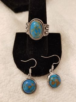 Copper Turquoise Ring Size 8 and 9 and 10 and Earrings 925 Sterling Silver Thumbnail
