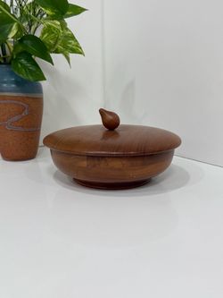 Vintage Solid American Walnut Midcentury Modern Bowl with Lid Round