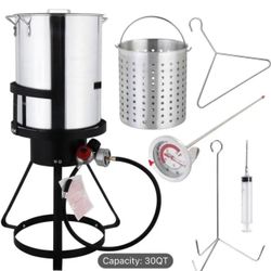 30QT Turkey Fryer with 55,000BTU Propane Stove, Aluminum Deep Fryer & Seafood Crawfish Boiler Steamer with Basket, Thermometer, Marinade Injector, Tur