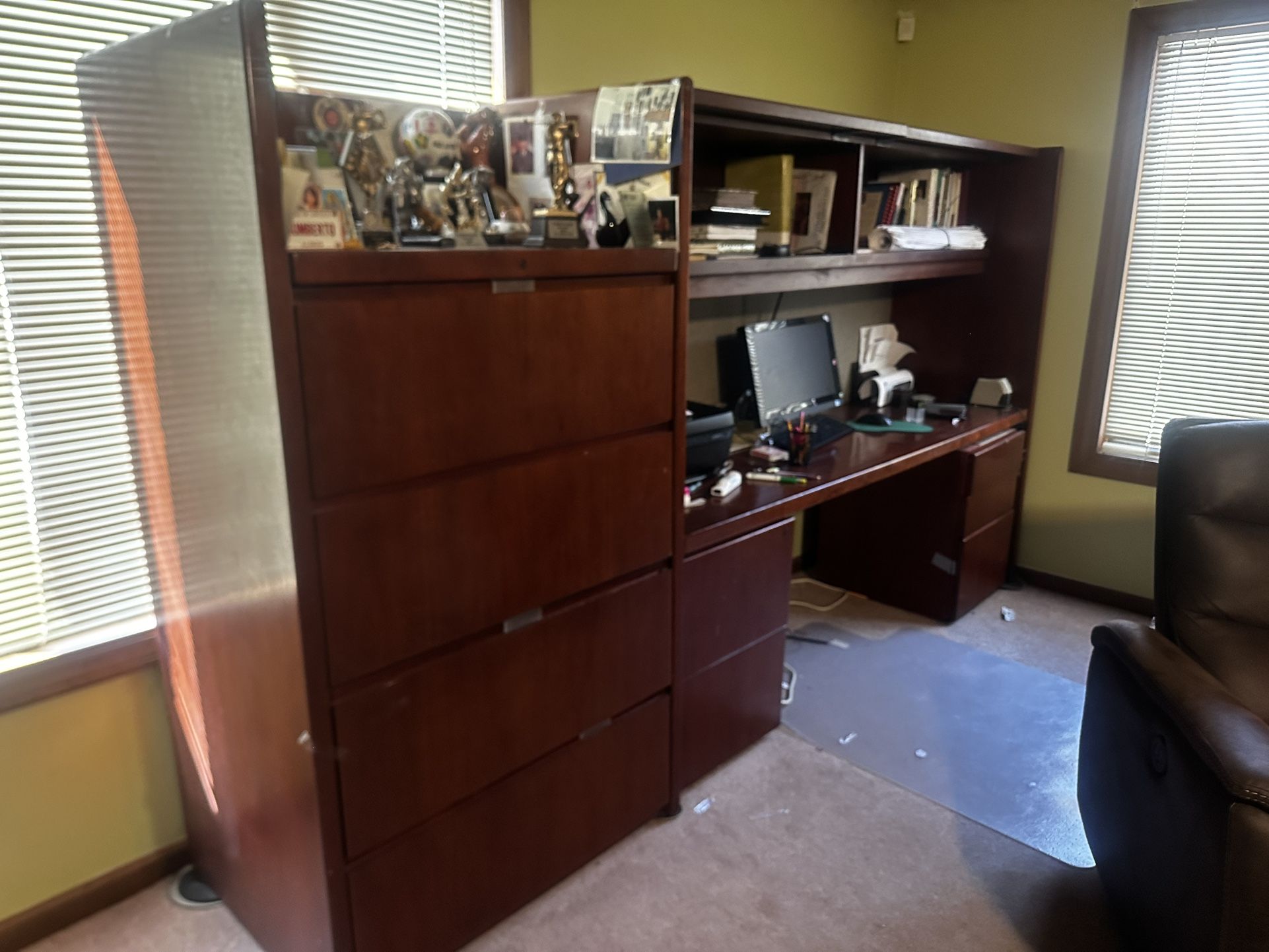 Kimball Office Desk with hutch and filing cabinet