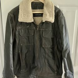 Wilson's Men’s Full Zip Jacket 100% Leather Faux Fur Collar and Lining Dark Brown Size XL