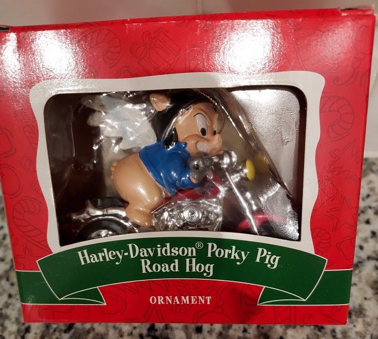 Vintage Warner Bros Studio Store Harley-Davidson Porky Pig Road Hog Christmas Ornament - New In Box 