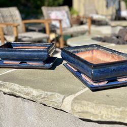 Pair of Blue Glazed Ceramic Bonsai Pots with Matching Trays (make me an offer)