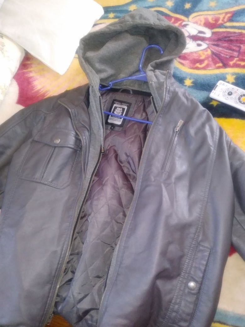 Clean grey leather jacket with hoodie size L