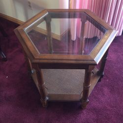 Mid Century Hexagon Wooden/ Glass/cane End Table