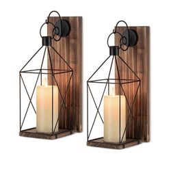 Candle Sconces Wall Decor: Set of 2 Farmhouse Wood Candle Holder Indoor Black Metal Lantern Decorations for Living Room Front Porch Yard