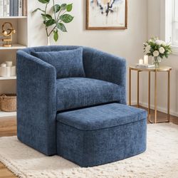 Chenille Barrel Accent Chair With Storage Ottoman, Blue
