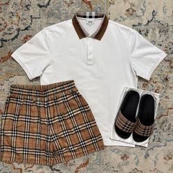 Burberry Polo & Shorts & Slides Combo 