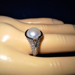 Pearl Diamond Silver Ring Sz 8