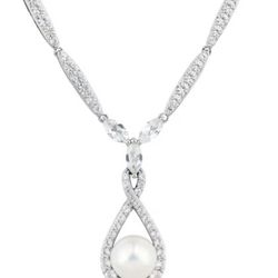  Cultured Pearl & White Lab Created Sapphire Drop Necklace Sterling Silver 18"