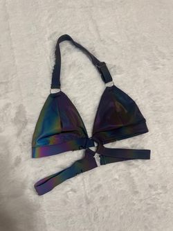 Light reflective top with adjustable straps. Reflective rainbow fabric Secure back closures offer a custom fit. New L light reflective rainbow crop to