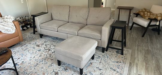 Light Gray Fabric 3-Seat Sofa with Matching Ottoman