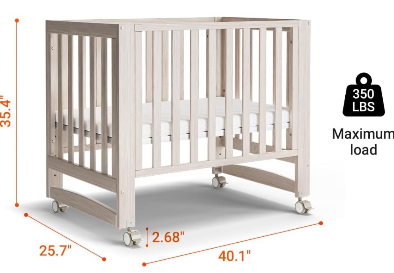 EvoNest Baby Crib, 6 in 1 Convertible Mini Crib with Wheels, 100% New Zealand Pinewood Growing Bed