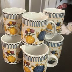 Set Of 7 Mugs & Creamer 1998 Debbie Mumm Sakura Teapots