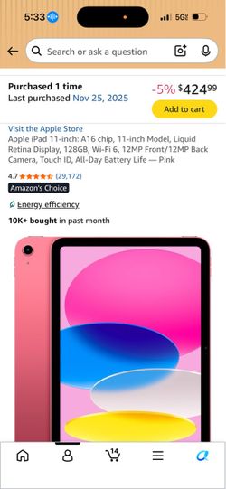 Apple iPad 11-inch: A16 chip, 11-inch Model, Liquid Retina Display, 128GB, Wi-Fi 6, 12MP Front/12MP Back Camera, Touch ID, All-Day Battery Life — Pink