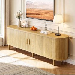 58" Mid Century Modern TV Stand with Power Outlet, Fluted Entertainment Center with Storage and Adjustable Shelves, Wood TV Console with Sliding Doors
