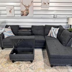 New Dark Gray Sectional Sofa Charcoal Couch With Free Storage Ottoman And Pillows 
