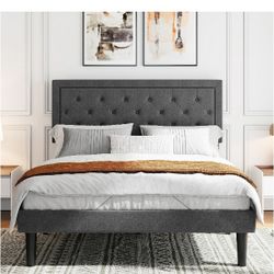 Queen Size Tufted Upholstered Platform Bed – Gray (No Box Spring Needed)